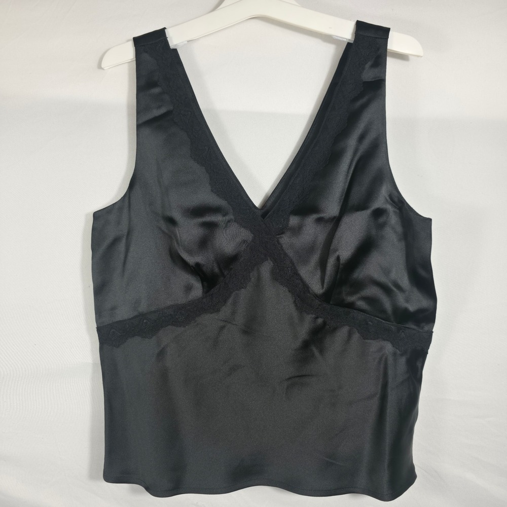 A New Day Satin Lace Trim Camisole Top Womens Medium Black NEW V-Neck Sleeveless